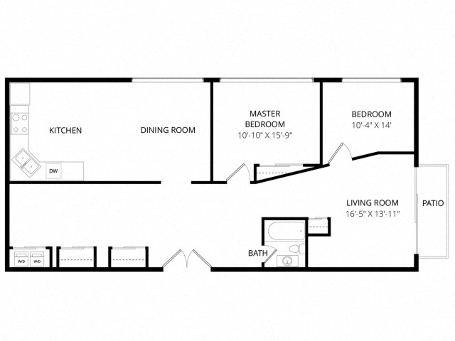 Floor plan for 2 beds, 1 bath, 1150 sqft